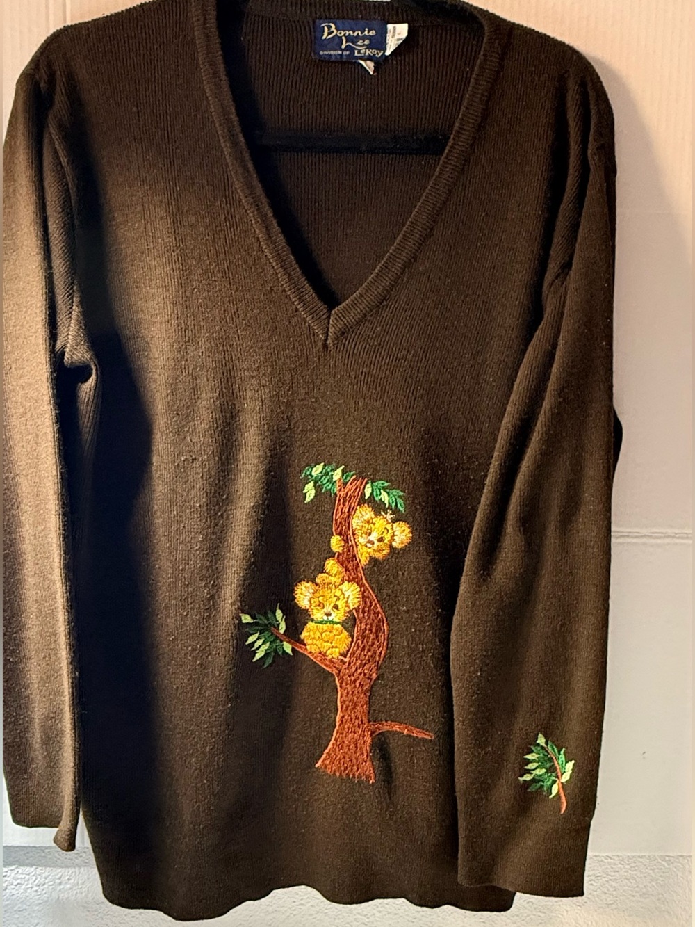 Bonnie Lesley Brown Long-Sleeve V-Neck Embroidered Dress